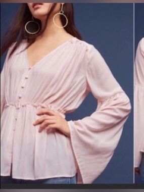 Anthropologie Ro & De Pale Blush Button-Front Peplum Blouse